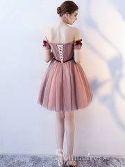 Unique Off-the-shoulder Burgundy Cute Short Ptom Dress Homecoming Dresses MHL036