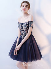 Unique Off-the-shoulder Dark Navy Cute Short Ptom Dress Homecoming Dresses MHL034