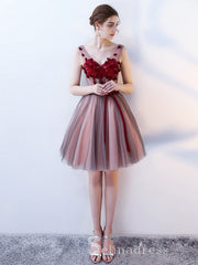 Unique V neck Burgundy Cute Short Ptom Dress Homecoming Dresses MHL035