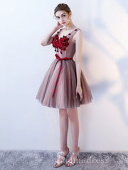 Unique V neck Burgundy Cute Short Ptom Dress Homecoming Dresses MHL035