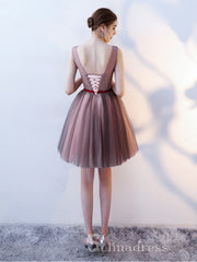 Unique V neck Burgundy Cute Short Ptom Dress Homecoming Dresses MHL035