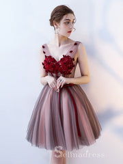 Unique V neck Burgundy Cute Short Ptom Dress Homecoming Dresses MHL035