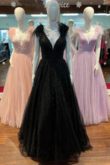 V Neck Black Prom Dress Sequins Feather Cheap Evening Dresses With Slit #QWE014|Selinadress
