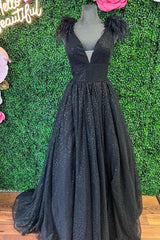 V Neck Black Prom Dress Sequins Feather Cheap Evening Dresses With Slit #QWE014|Selinadress