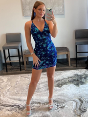 V neck Spaghetti Straps Blue Homecoming Dresses Sparkly Short Prom Dress Sequins Cocktail Dresses #TKL084|Selinadress