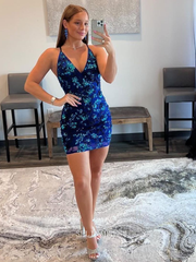 V neck Spaghetti Straps Blue Homecoming Dresses Sparkly Short Prom Dress Sequins Cocktail Dresses #TKL084|Selinadress