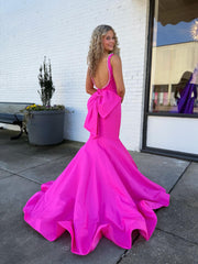 Hot pink Square Neck Long Prom Dresses With Bow Open Back Evening Dresses SK L00｜Selinadress