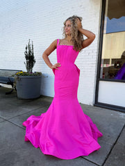 Hot pink Square Neck Long Prom Dresses With Bow Open Back Evening Dresses SK L00｜Selinadress