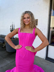 Hot pink Square Neck Long Prom Dresses With Bow Open Back Evening Dresses SK L00｜Selinadress