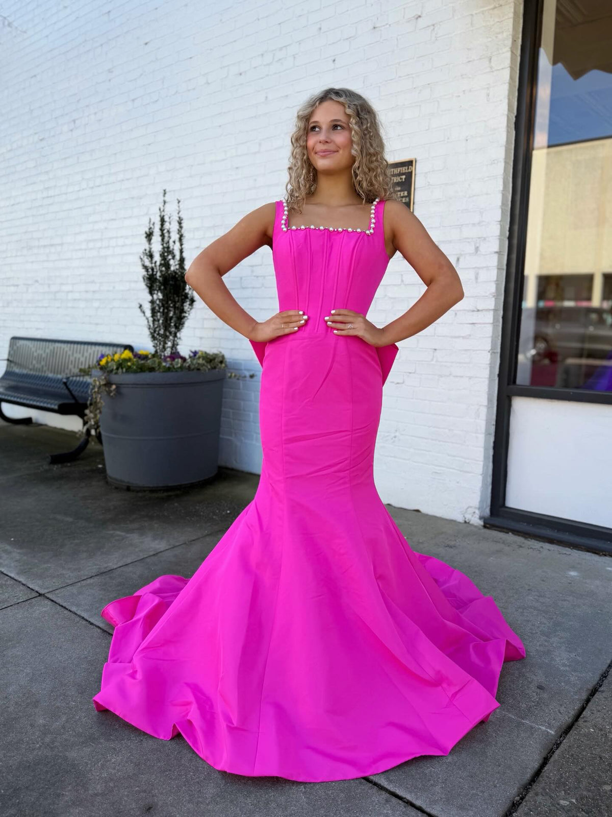 Hot pink Square Neck Long Prom Dresses With Bow Open Back Evening Dresses SK L00｜Selinadress