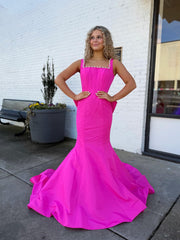 Hot pink Square Neck Long Prom Dresses With Bow Open Back Evening Dresses SK L00｜Selinadress