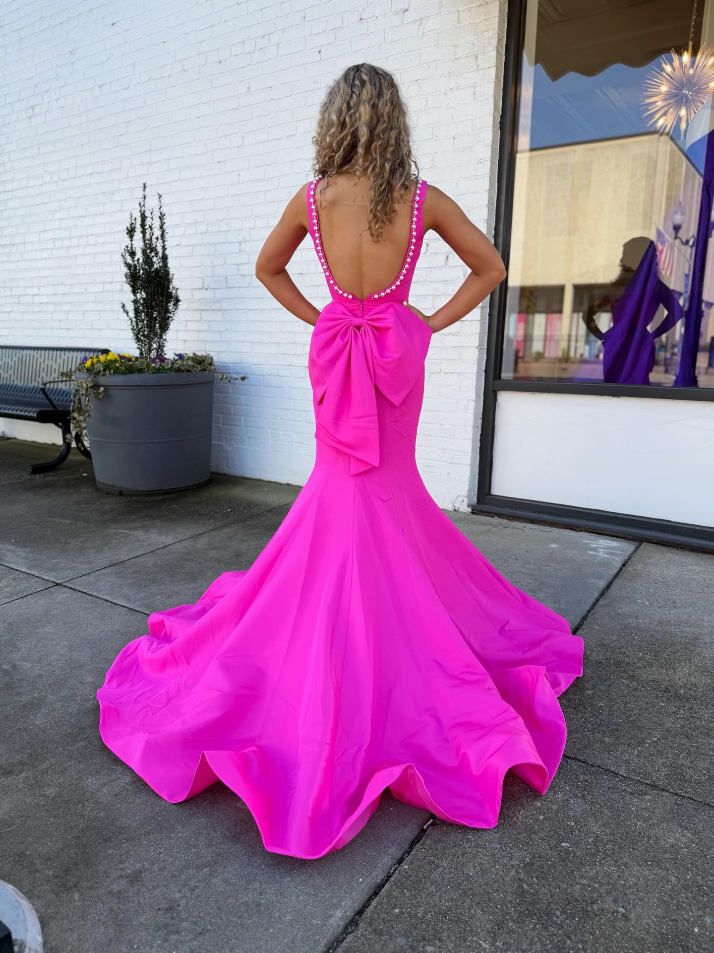 Hot pink Square Neck Long Prom Dresses With Bow Open Back Evening Dresses SK L00｜Selinadress