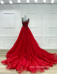 A-line One Shoulder Red Long Prom Dresses Beaded Evening Dresses SEA288|Selinadress