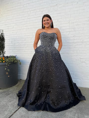 Black Sweetheart Long Prom Dresses With Beads Satin Evening Dresses SKL002|Selinadress