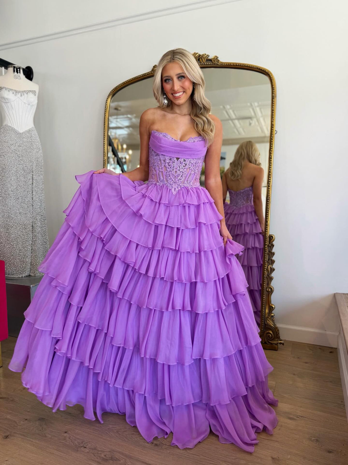 Multi-layered Lilac A-line Sweetheat Long Prom Dresses With Lace Evening Dresses SKL004｜Selinadress