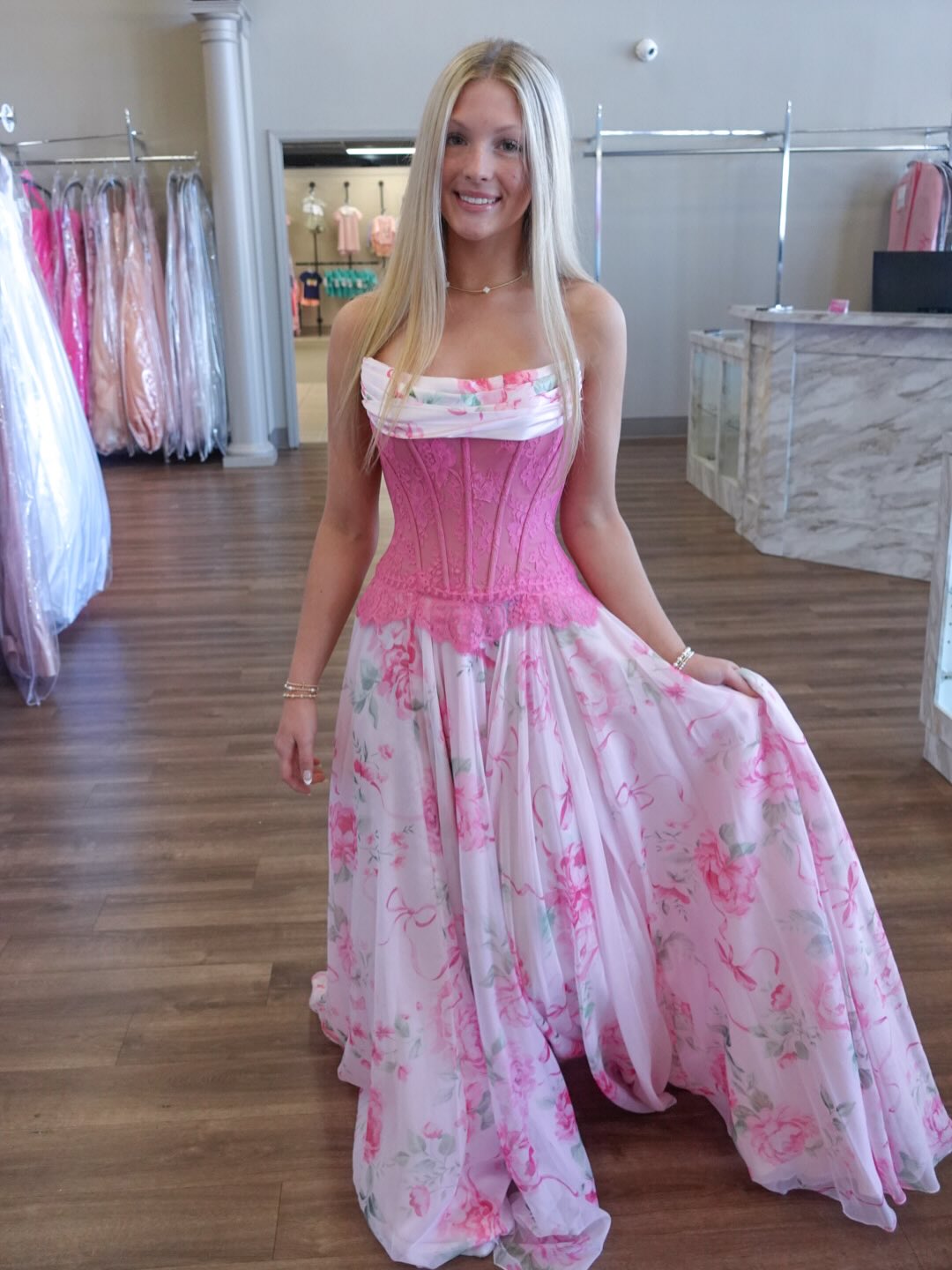 Pink Print A-line Strapless Long Prom Dresses With Lace Floral Evening Dresses SKL005｜Selinadress