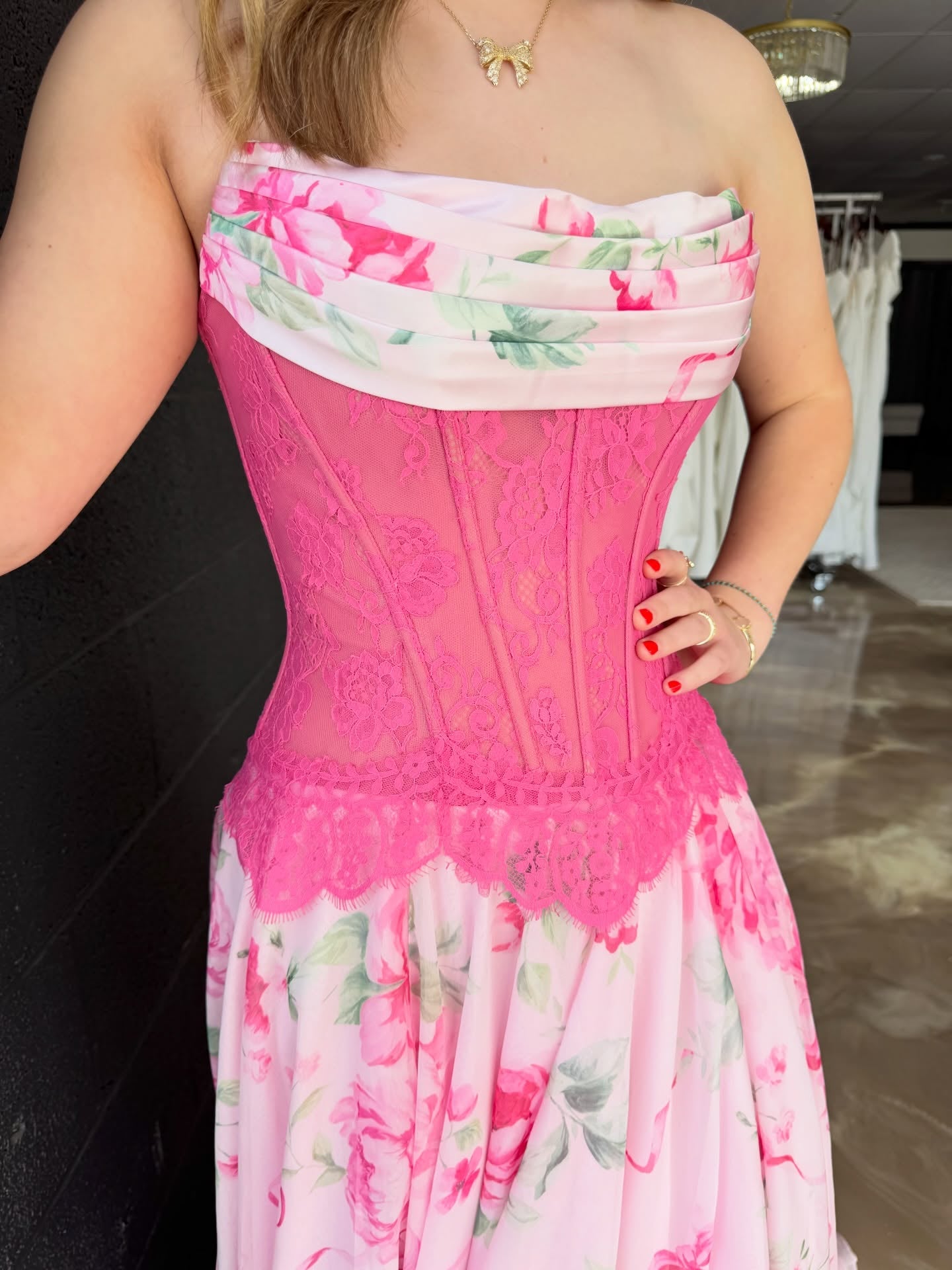 Pink Print A-line Strapless Long Prom Dresses With Lace Floral Evening Dresses SKL005｜Selinadress