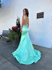 Green Satin Prom Gown Mermaid Silhouette and Beaded Straps Evening Dresses SKL006|Selinadress