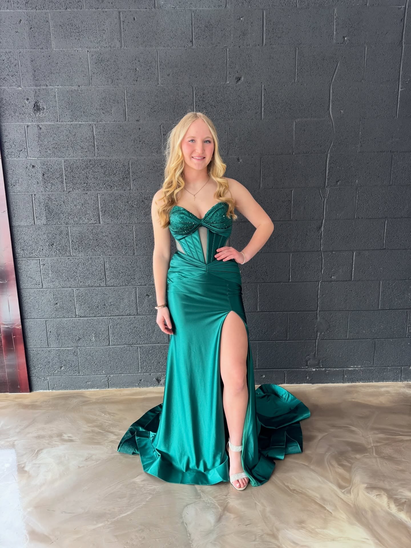 Emerald Green Satin Mermaid Prom Dress with High Slit & Beads Eveing Dress SKL008|Selinadress