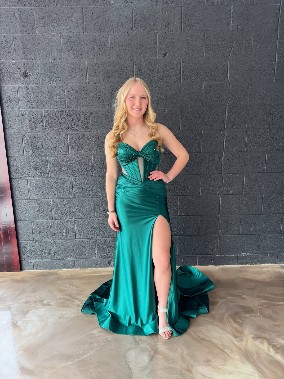 Emerald Green Satin Mermaid Prom Dress with High Slit & Beads Eveing Dress SKL008|Selinadress