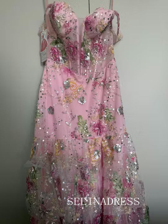 Off-the-shoulder Pink Long Prom Dresses With Floral Evening Dresses SEA059|Selinadress