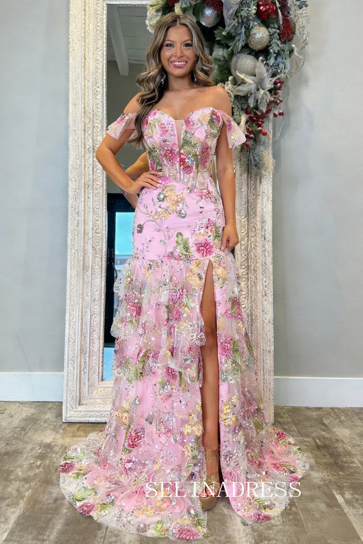 Off-the-shoulder Pink Long Prom Dresses With Floral Evening Dresses SEA059|Selinadress