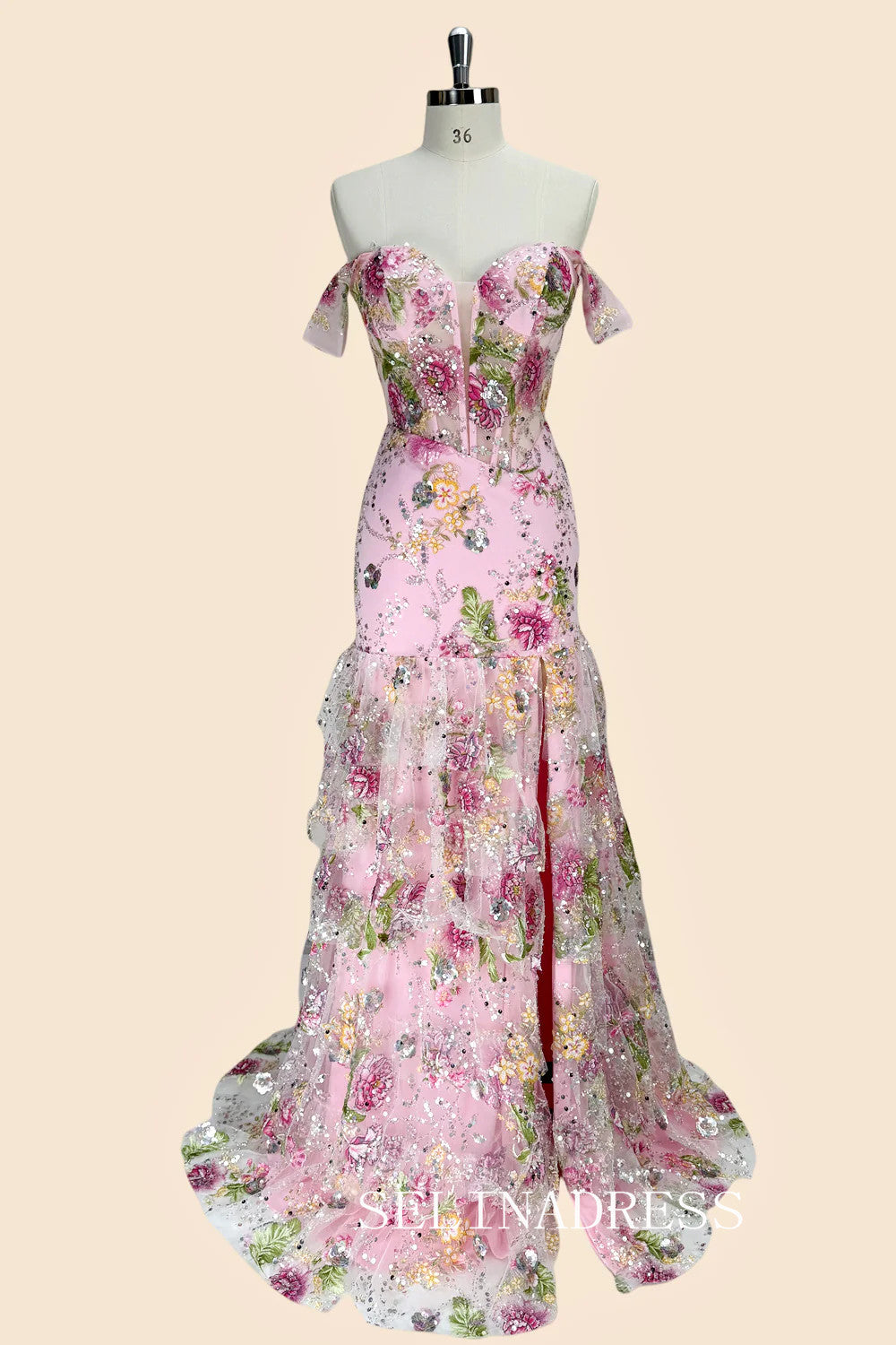 Off-the-shoulder Pink Long Prom Dresses With Floral Evening Dresses SEA059|Selinadress