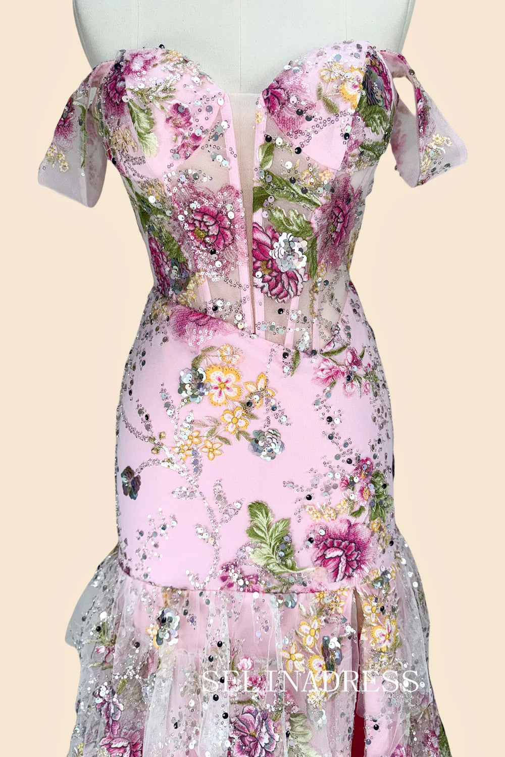 Off-the-shoulder Pink Long Prom Dresses With Floral Evening Dresses SEA059|Selinadress