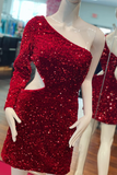 One Shoulder Long Sleeve Regency Short Prom Dress Sparkly Sequins Homecoming Dresses Cocktail Dresses #TKL090|Selinadress