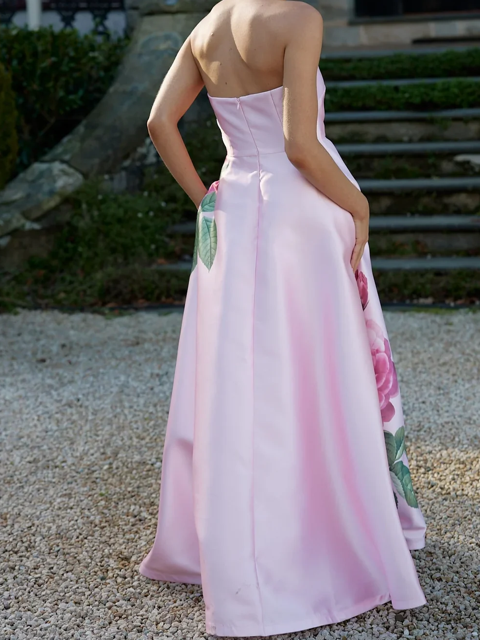 Pink Strapless Long Bridesmaid Dress With Floral Cheap Bridesmaid Dresses BRA001|Selinadress