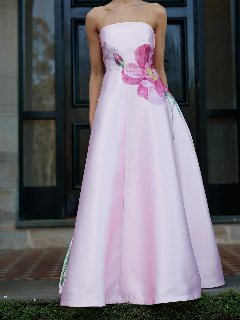 Pink Strapless Long Bridesmaid Dress With Floral Cheap Bridesmaid Dresses BRA001|Selinadress
