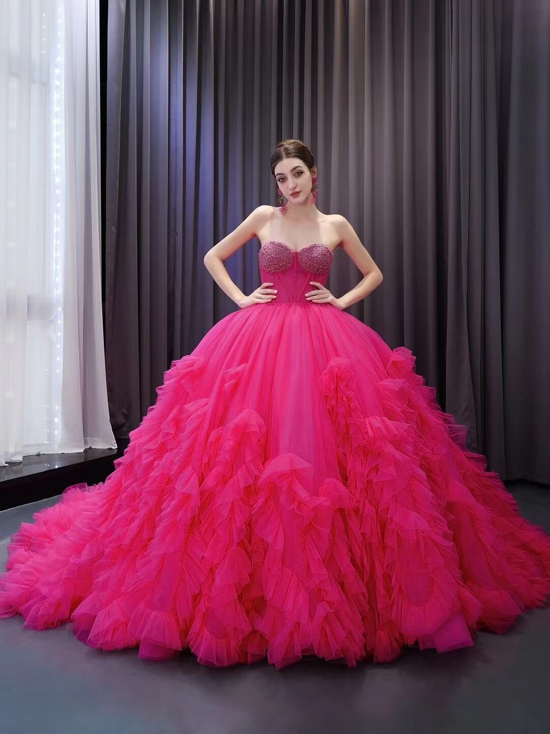 Fuchsia Sweetheart Beaded Sweet 16 Ball Gown Tiered Quinceanera Dress – SELINADRESS Fuchsia Sweetheart Beaded Sweet 16 Ball Gown Tiered Quinceanera Dress – SELINADRESS