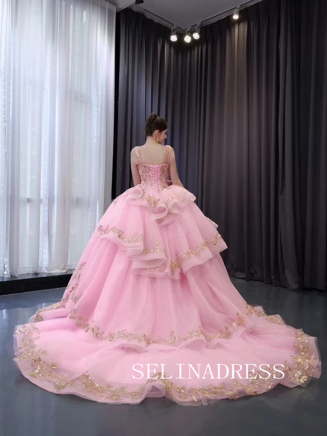 Pink Beaded Sequins Wedding Dresses Straps Quinceanera Dress With Bowk SELINADRESS Pink Beaded Sequins Wedding Dresses Straps Quinceanera Dress With Bowk SELINADRESS