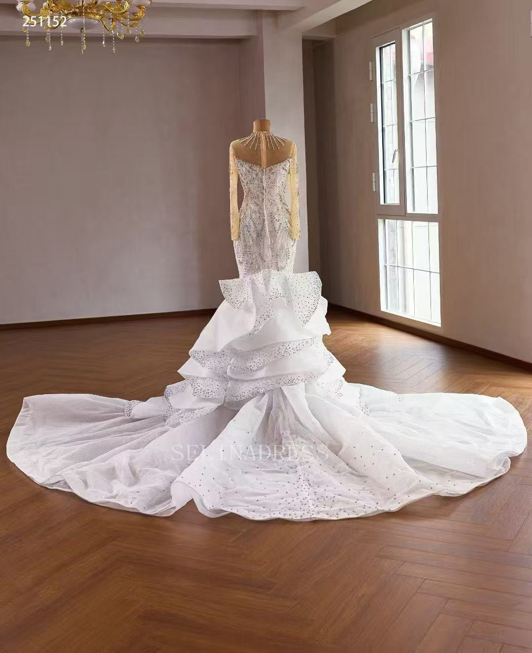 Luxury White Mermaid Wedding Dress With Long Sleeve& Rhinestone Bridal Gowns 251152|Selinadress