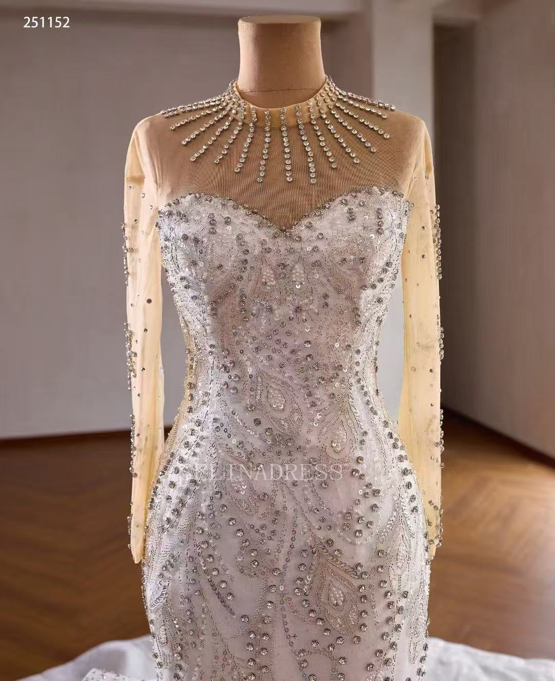 Luxury White Mermaid Wedding Dress With Long Sleeve& Rhinestone Bridal Gowns 251152|Selinadress