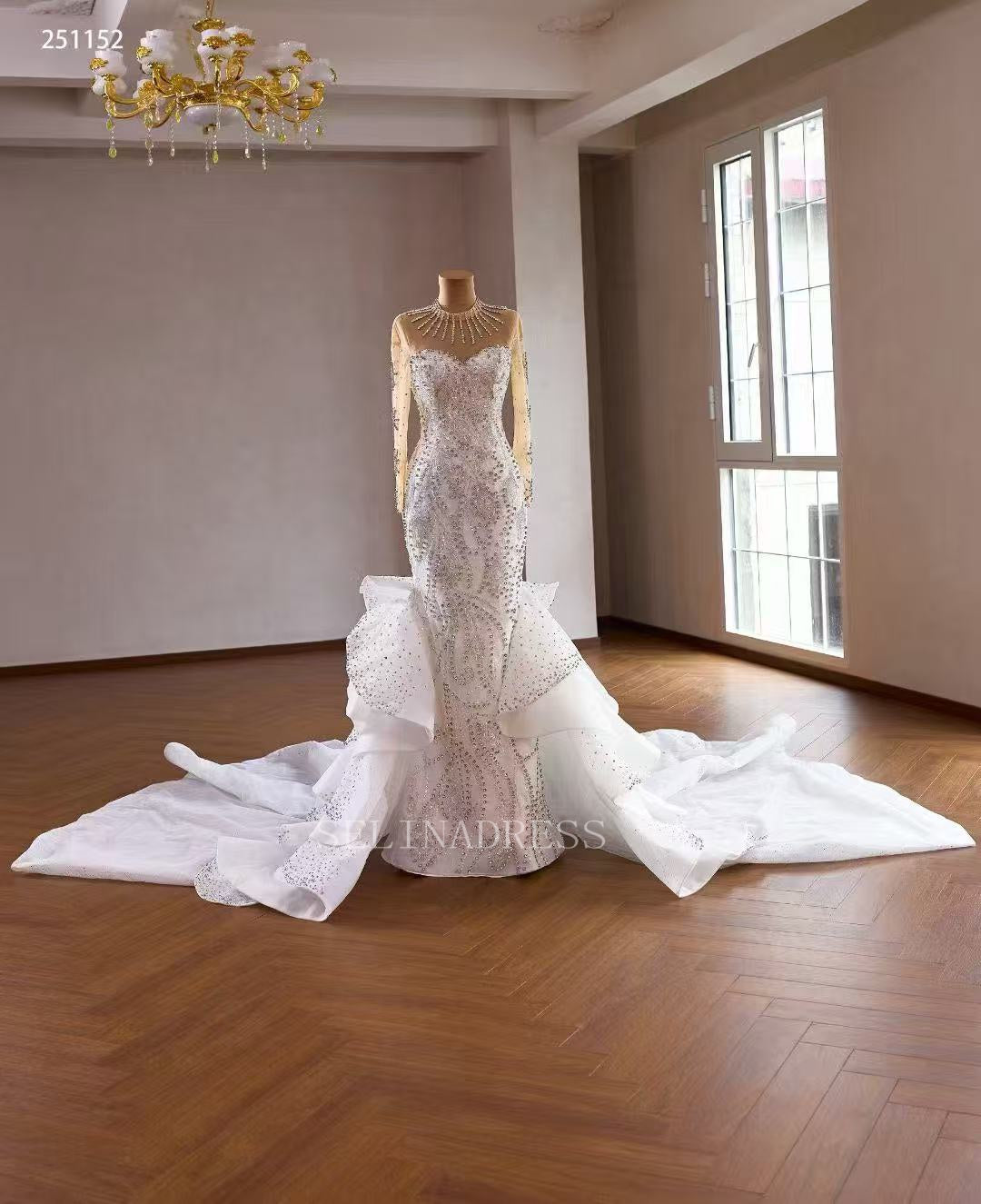Luxury White Mermaid Wedding Dress With Long Sleeve& Rhinestone Bridal Gowns 251152|Selinadress