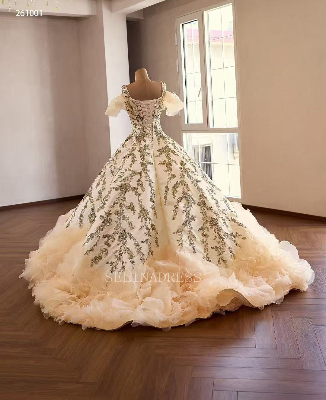 Champagne Ball Gown Luxury Prom Dress  With Applique Quincess Evening Gowns 261001|Selinadress