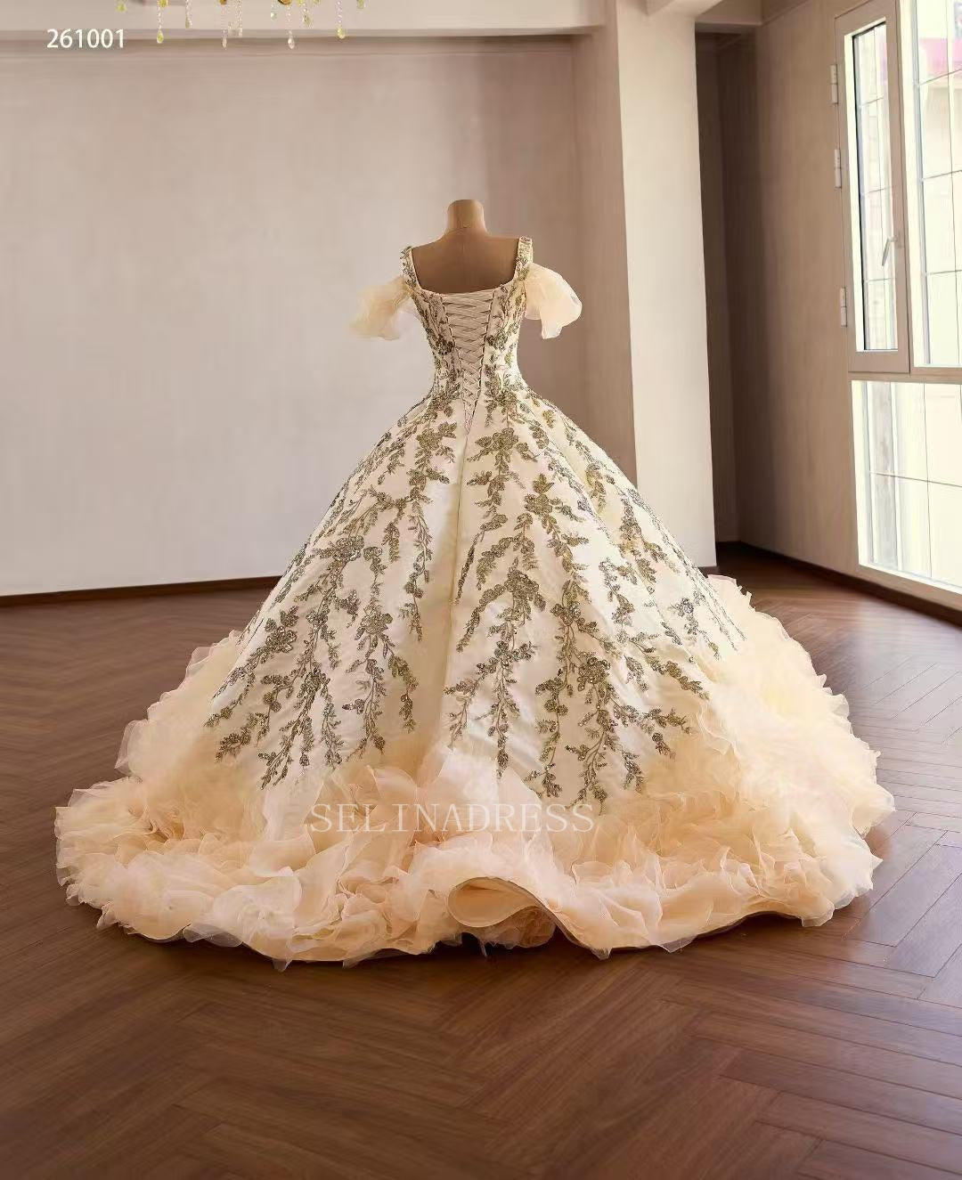 Champagne Ball Gown Luxury Prom Dress  With Applique Quincess Evening Gowns 261001|Selinadress