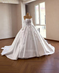 White Ball Gown Wedding Dresses With Long Sleeve &3D Floral Wedding Gown 261012|Selinadress