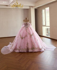 Pink Sweetheart Luxury  Ball Gown Prom Dress With Applique Quincess Evening Gowns 261017|Selinadress