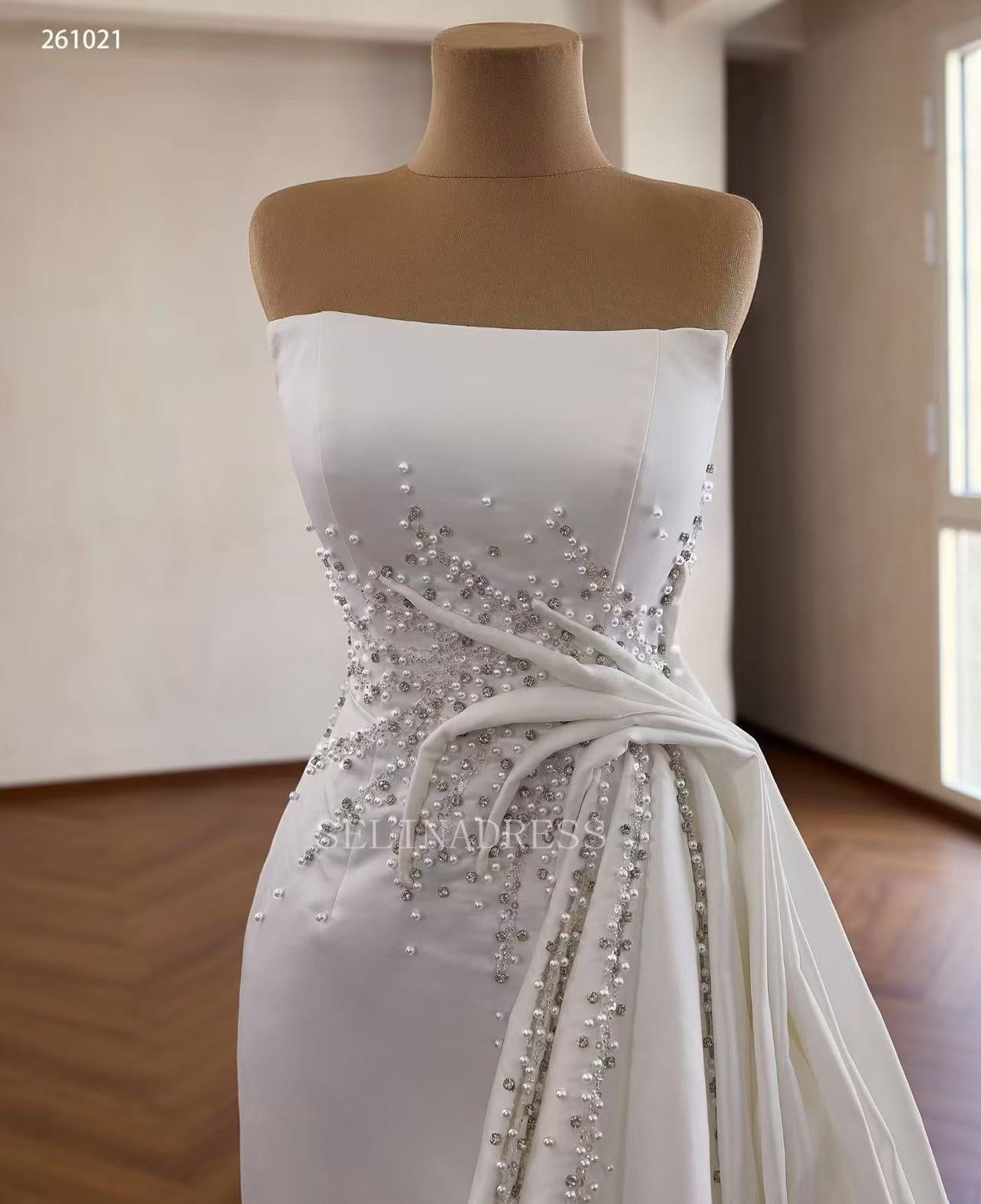 Luxury White Mermaid Satin Wedding Dress With Strapless & Rhinestone Bridal Gowns 2511021|Selinadress