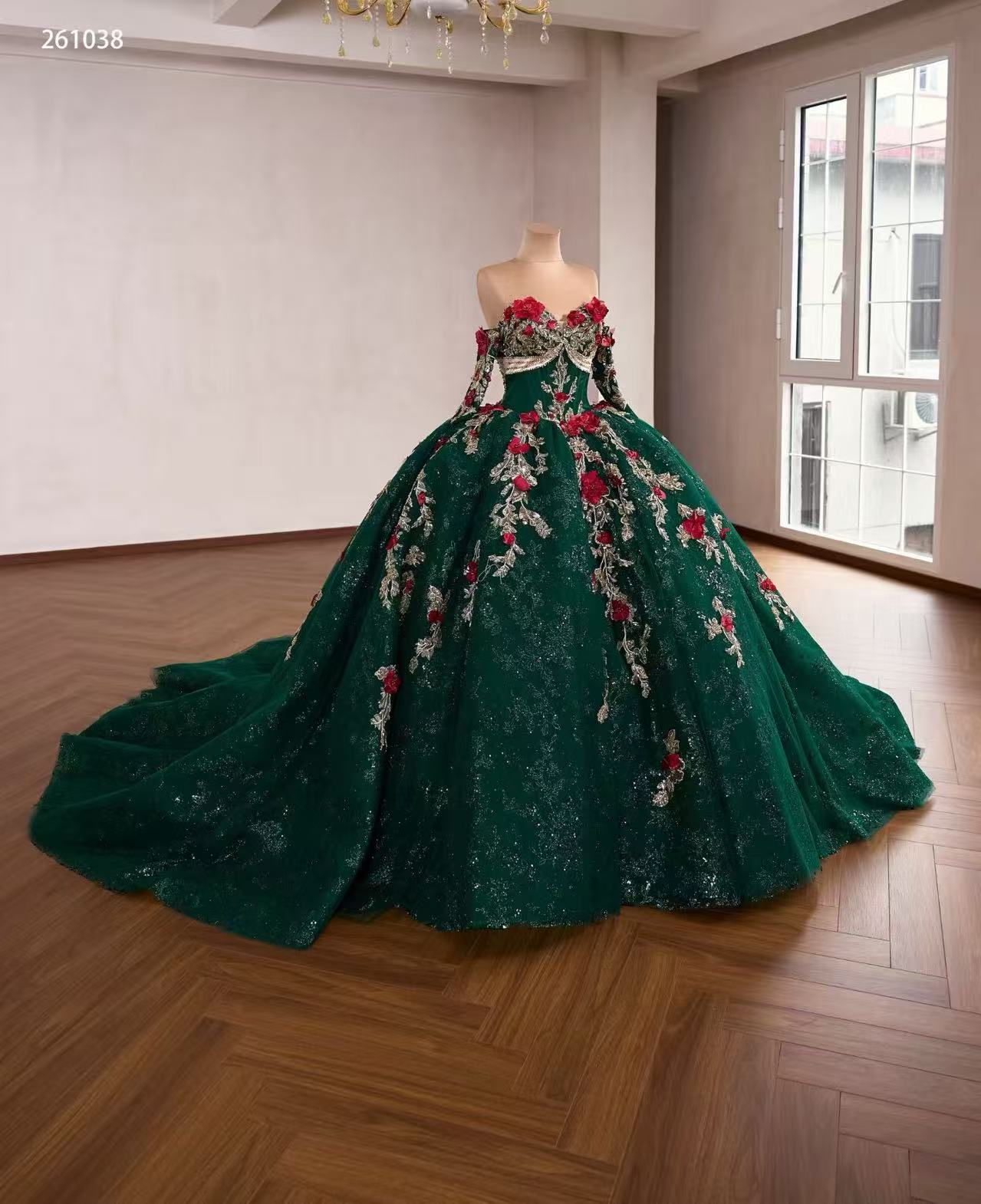 Dark Green Luxury  Ball Gown Prom Dress With Red Floral Lace Quincess Evening Gowns 261038|Selinadress