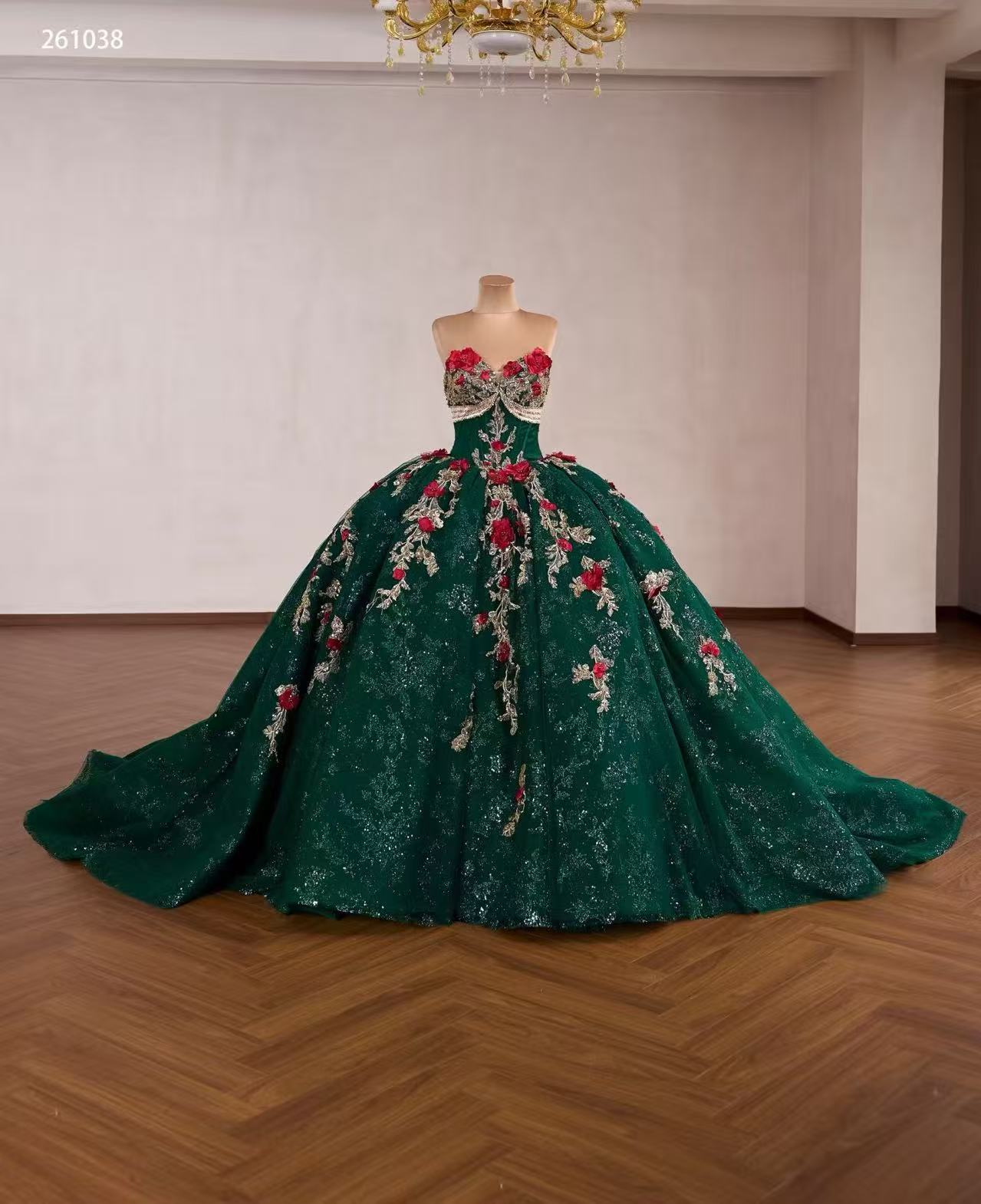 Dark Green Luxury  Ball Gown Prom Dress With Red Floral Lace Quincess Evening Gowns 261038|Selinadress