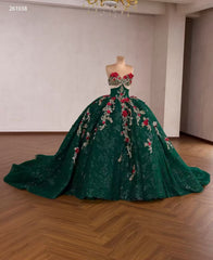 Dark Green Luxury  Ball Gown Prom Dress With Red Floral Lace Quincess Evening Gowns 261038|Selinadress