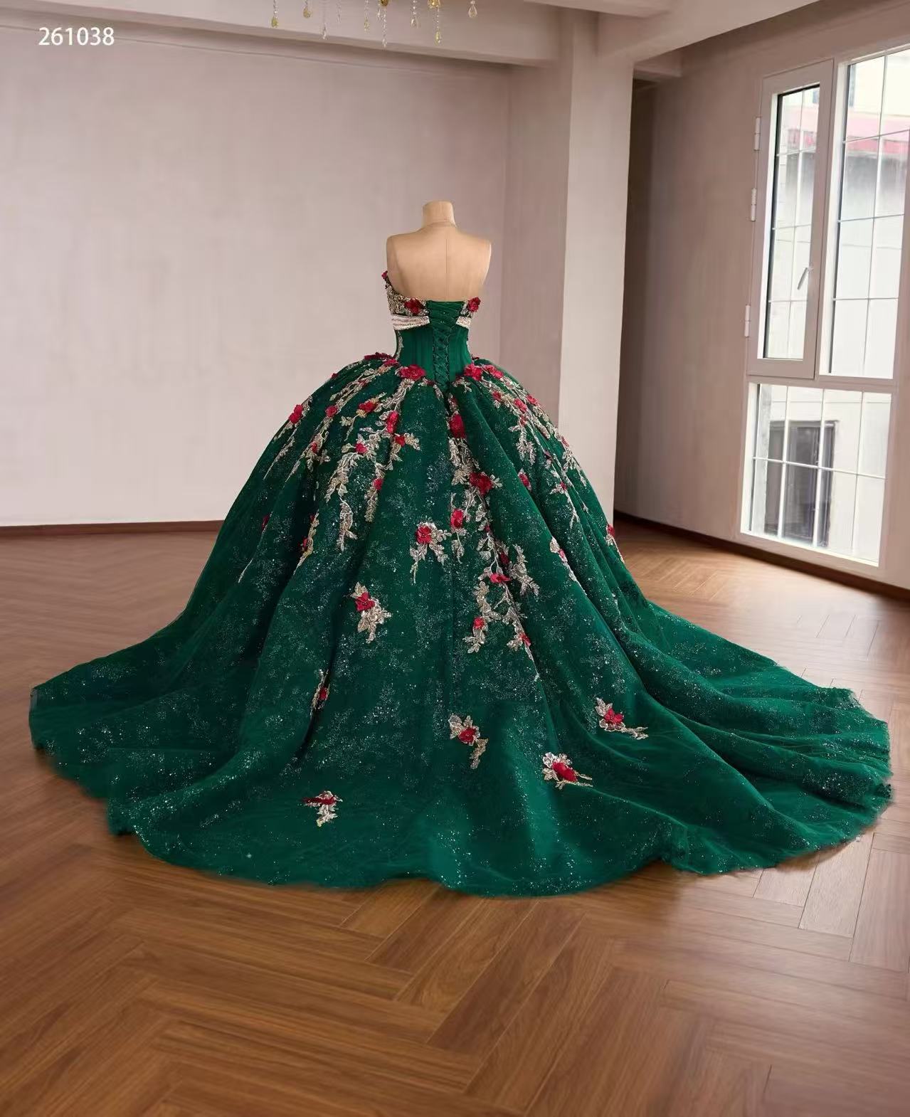 Dark Green Luxury  Ball Gown Prom Dress With Red Floral Lace Quincess Evening Gowns 261038|Selinadress