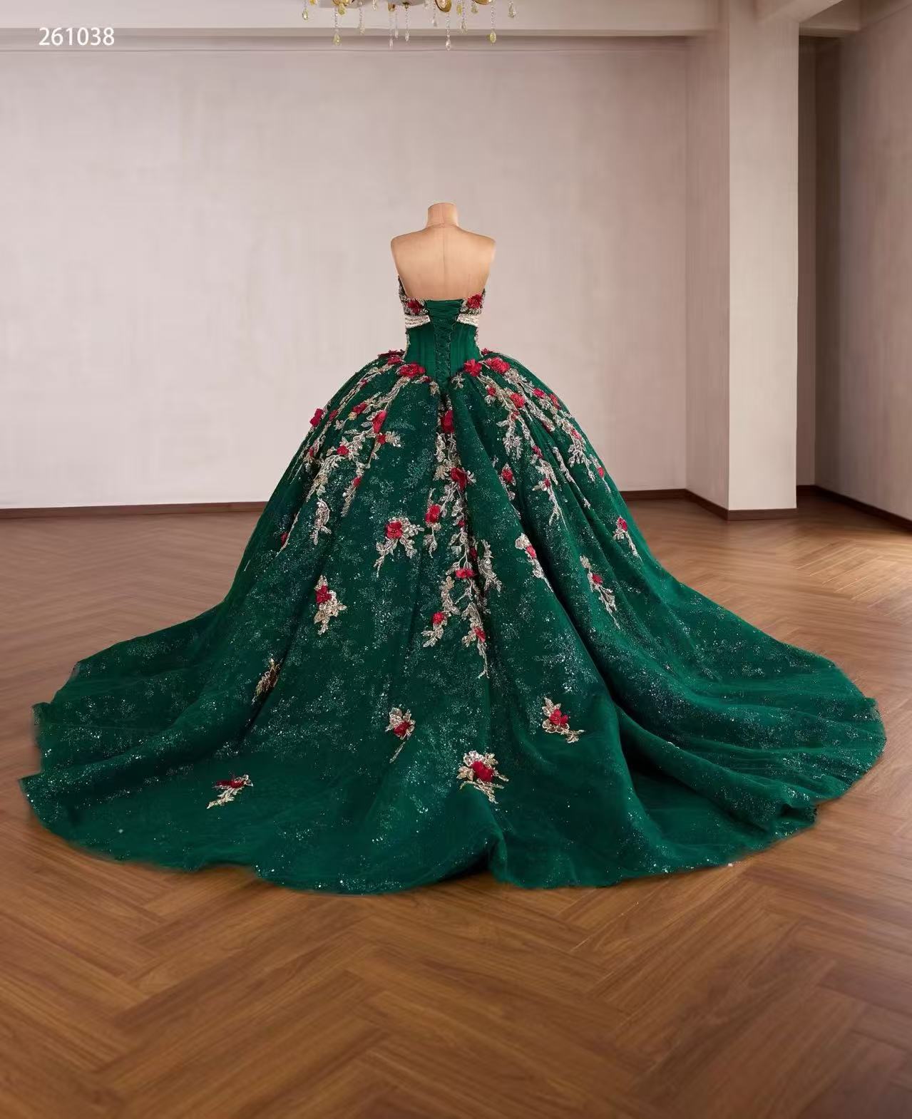 Dark Green Luxury  Ball Gown Prom Dress With Red Floral Lace Quincess Evening Gowns 261038|Selinadress