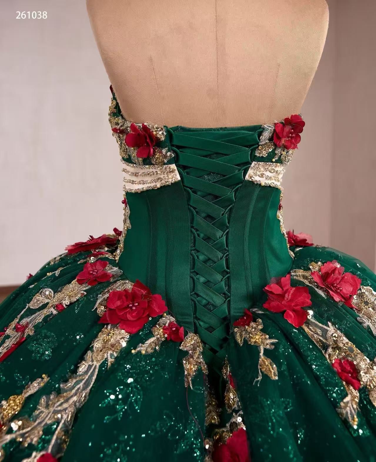 Dark Green Luxury  Ball Gown Prom Dress With Red Floral Lace Quincess Evening Gowns 261038|Selinadress