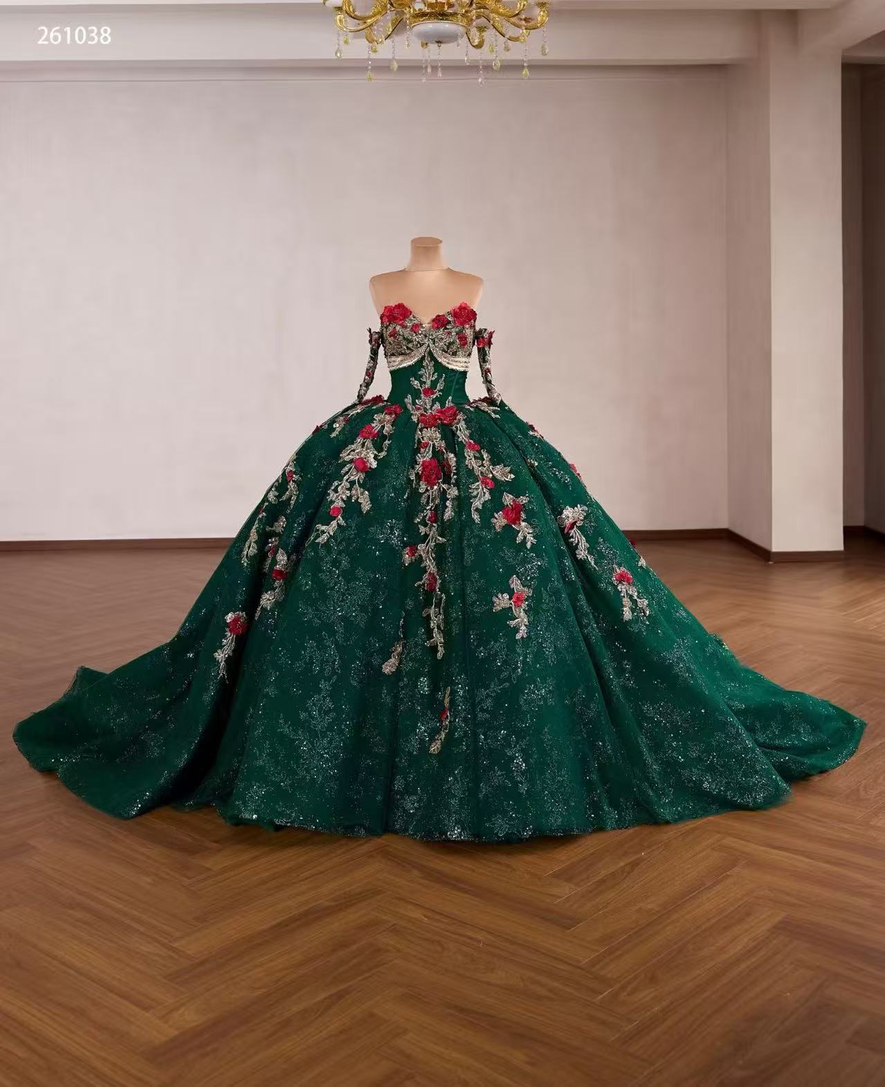 Dark Green Luxury  Ball Gown Prom Dress With Red Floral Lace Quincess Evening Gowns 261038|Selinadress