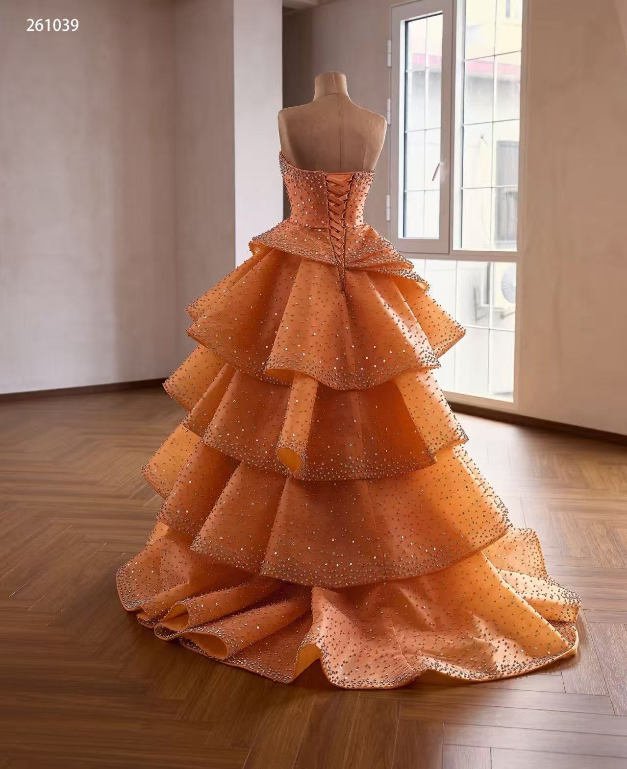 Luxury Orange Tiered  Ball Gown Prom Dress With Rhinestone &Beads Quincess Evening Gowns 261039|Selinadress