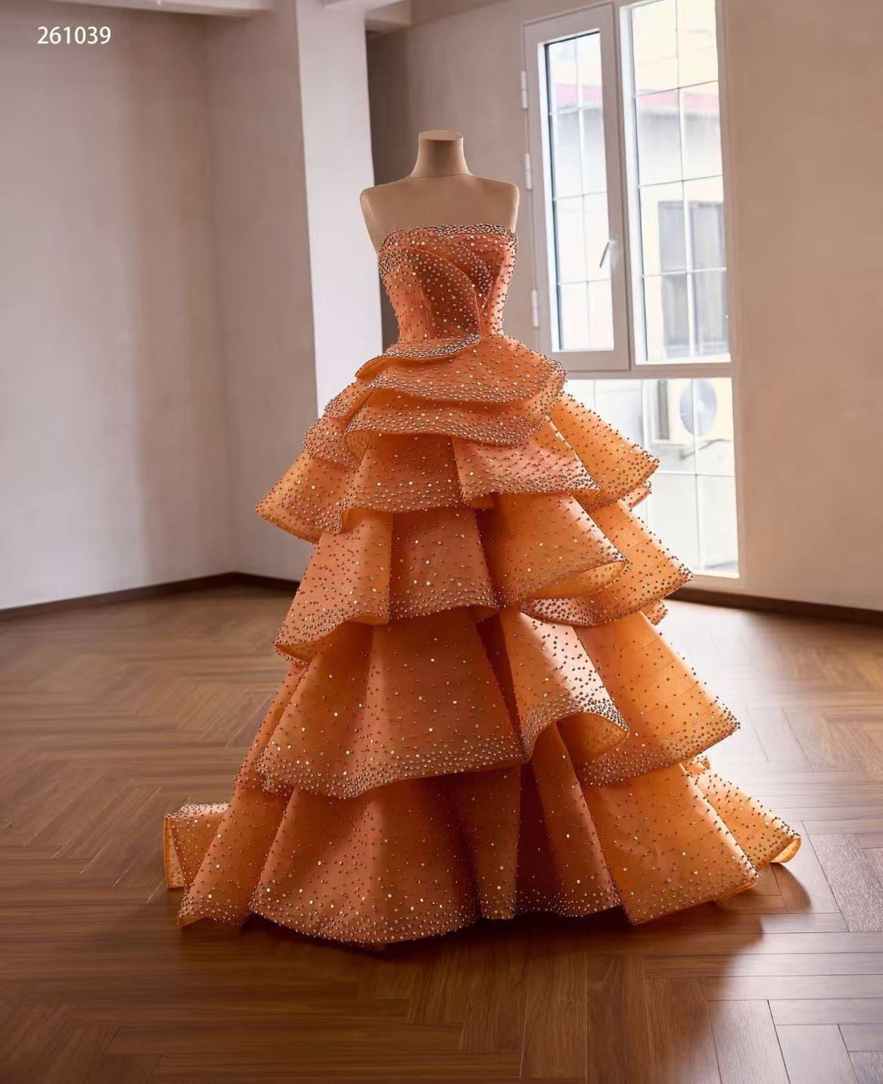 Luxury Orange Tiered  Ball Gown Prom Dress With Rhinestone &Beads Quincess Evening Gowns 261039|Selinadress